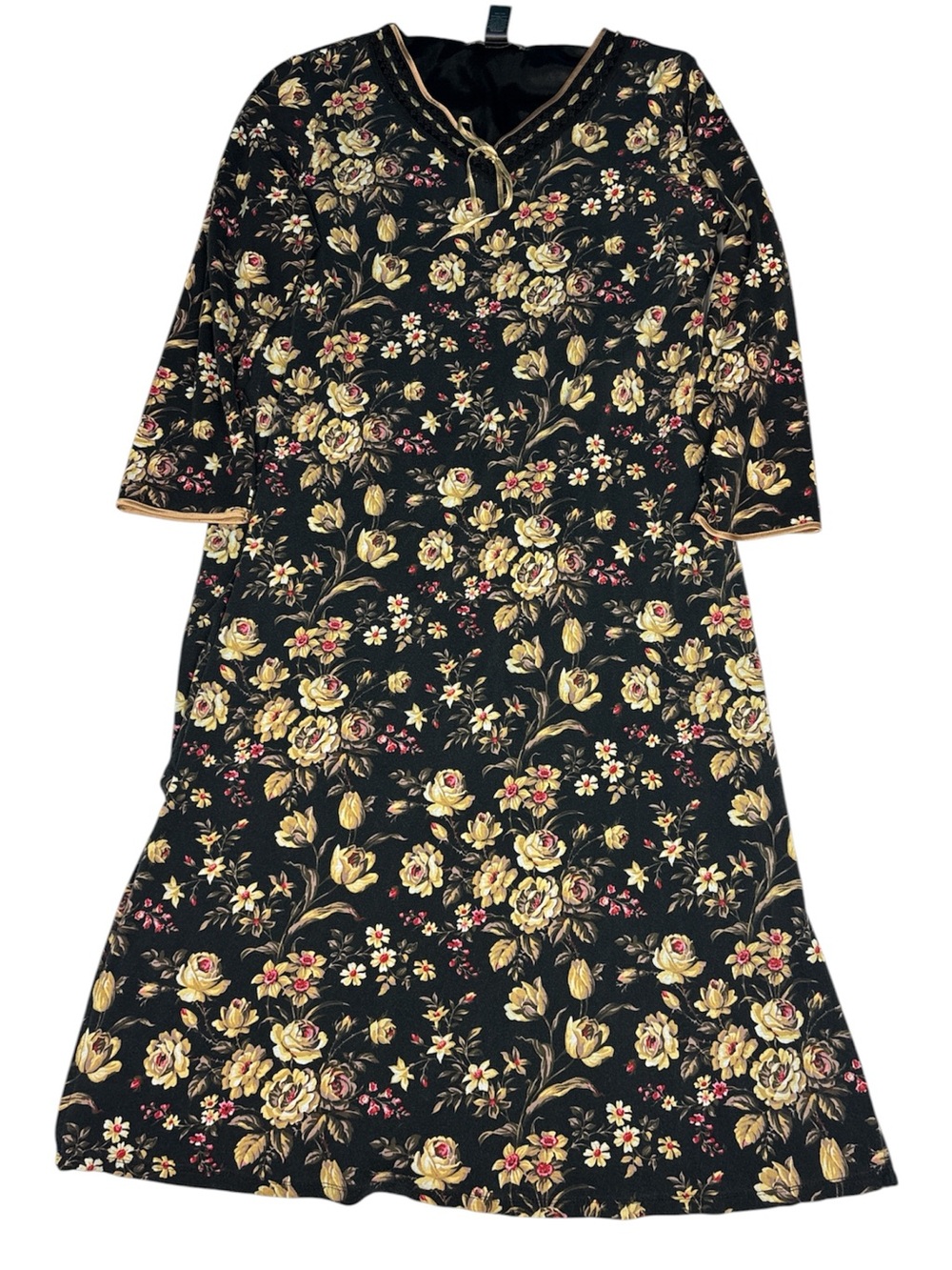 Liz Claiborne Women Medium Dress Black Floral Midi Cotton Velvet Trim Slit Sides